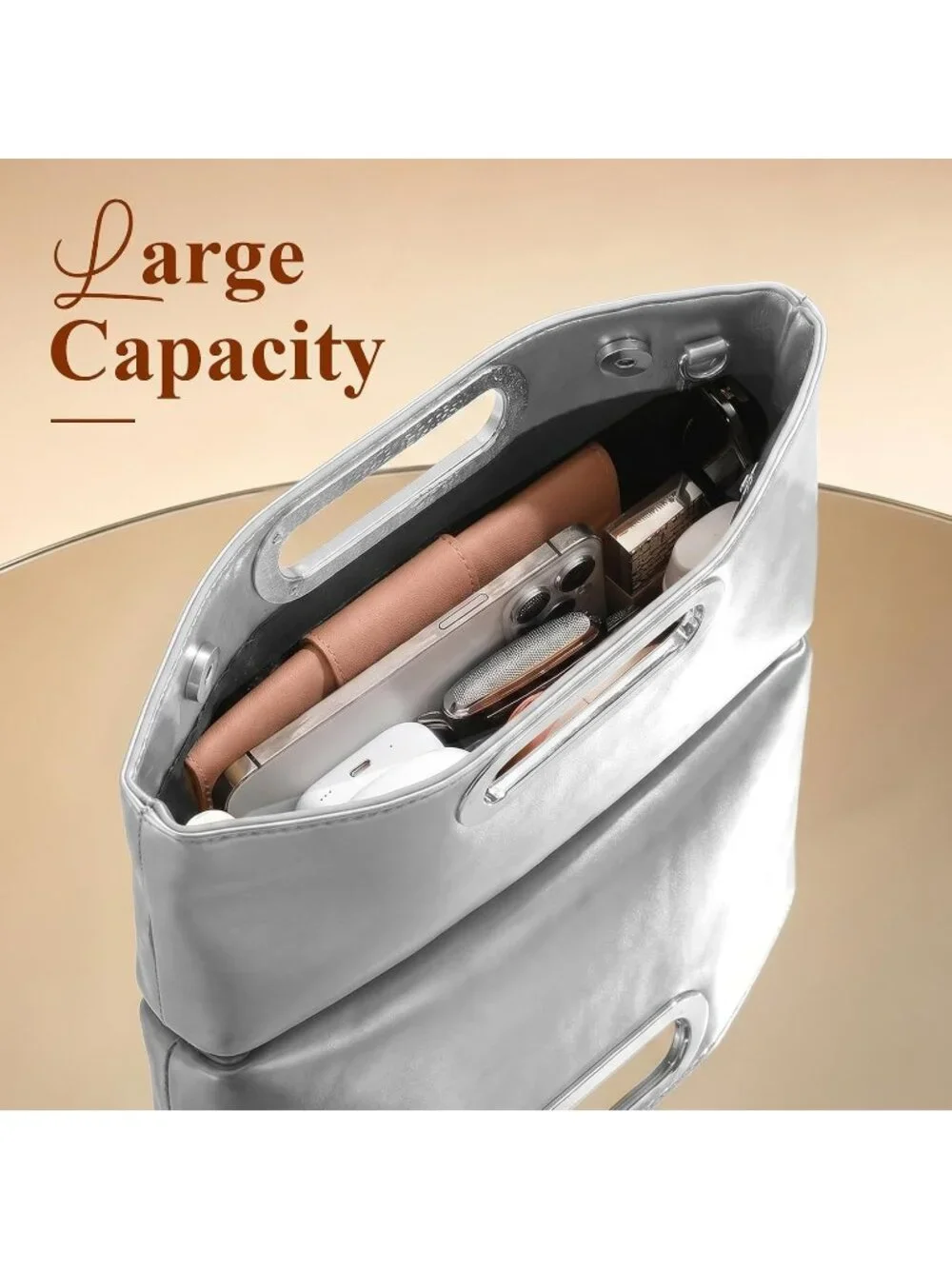 Women's Silver Clutch Handbag Modern Faux Leather with Metal Handle Evening Bag